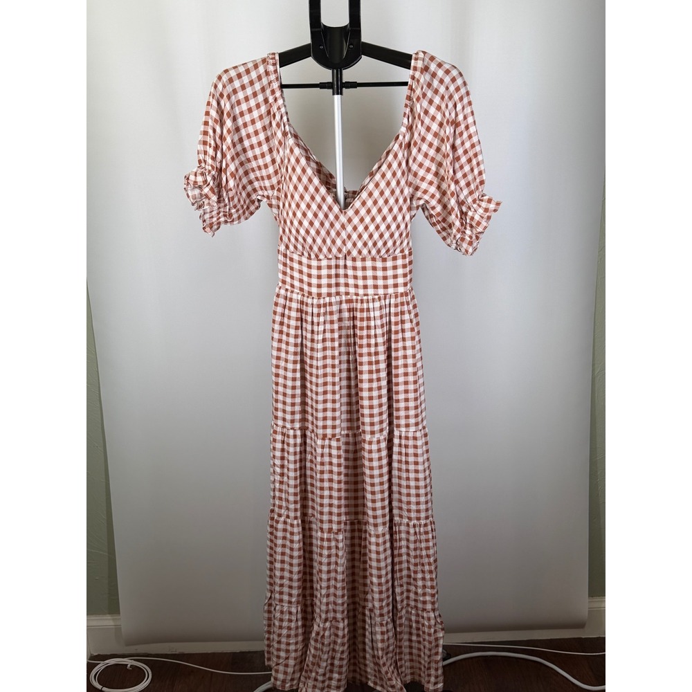 Pink Lily Gingham Maxi Dress Terracotta White Tiered Back Tie Womens M